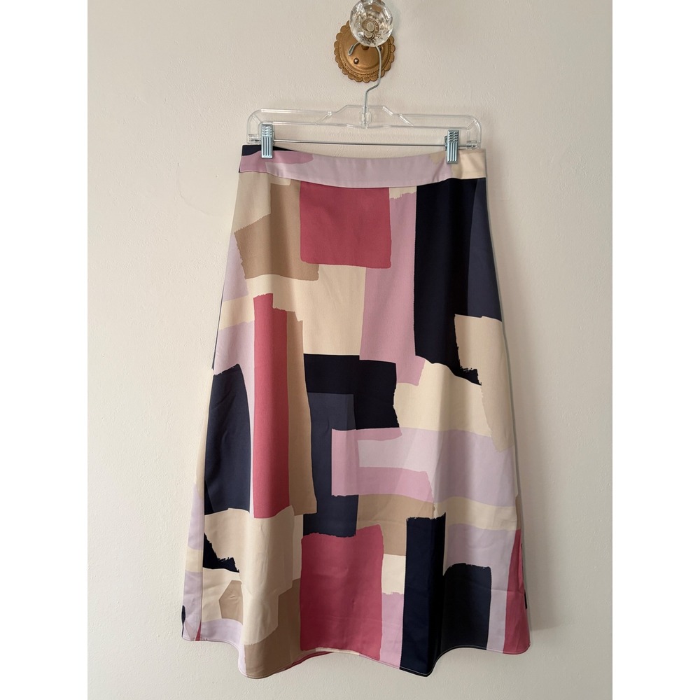 Ann Taylor Factory Pink Navy Abstract Colorblock Midi Skirt Womens Small